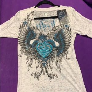 Sinful Large white and teal shirt